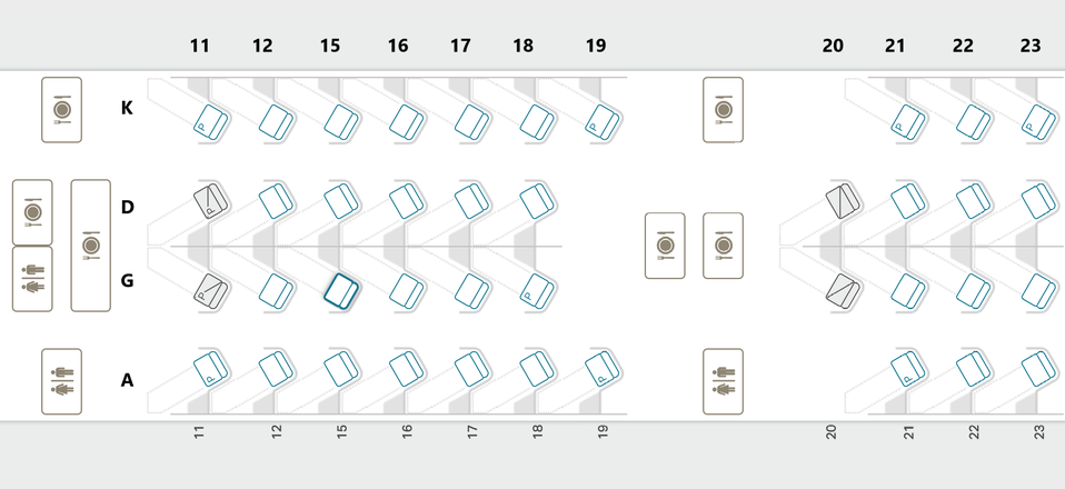 Cathay Pacific Boeing 777-300ER (long-range, without first class) business class seatmap.